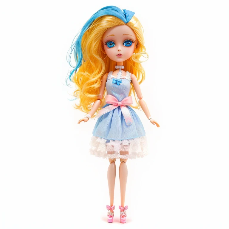 Blonde doll with blue and yellow hair and pink bow, plastic doll, plastic Barbie doll, anime Barbie doll, cute porcelain doll, jointed doll, Barbie doll, Anime Barbie in white, with blue hair, Long blond hair and big eyes, Doll in hand, Anime Barbie in white stockings, Long blond hair and big eyes