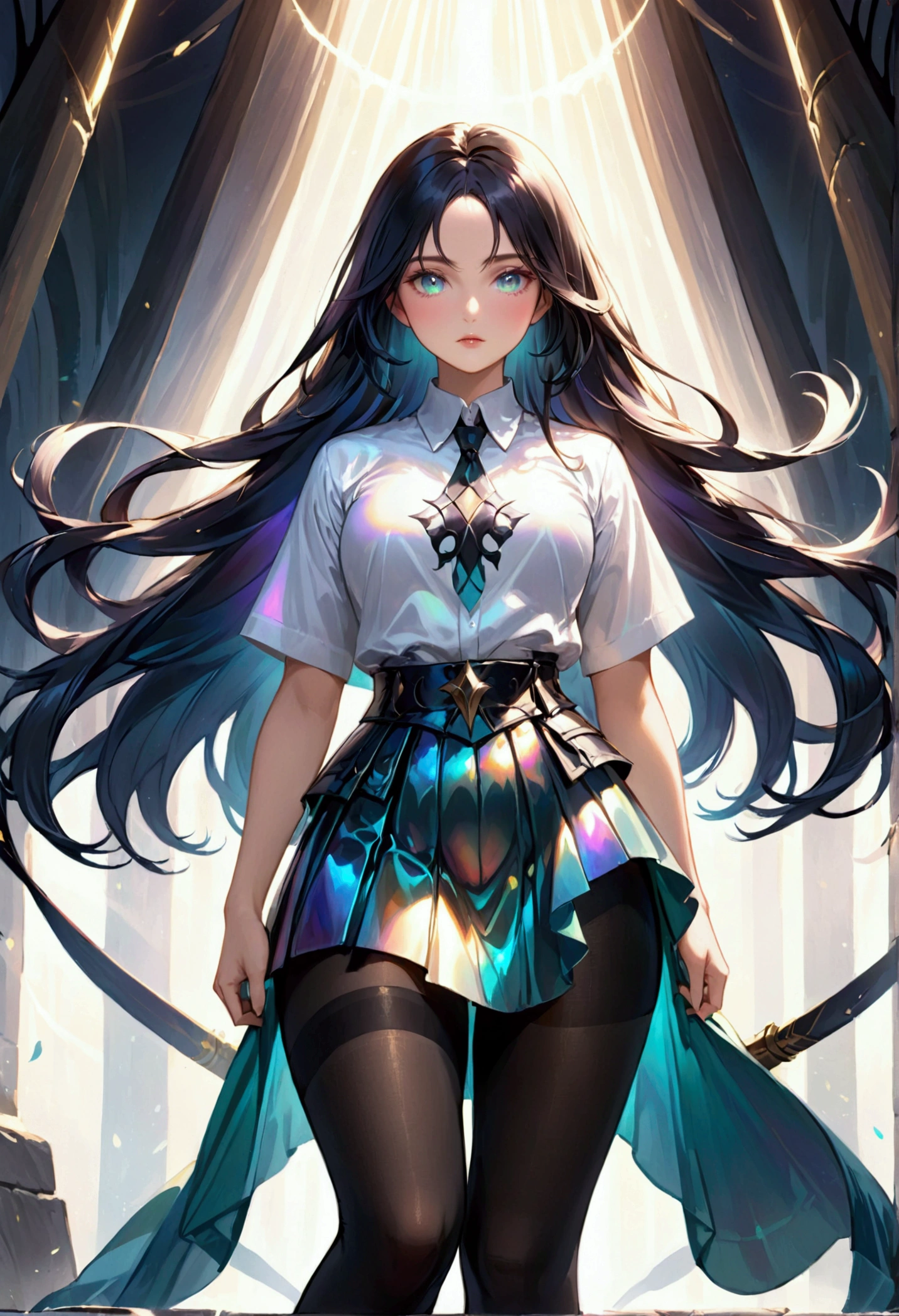 Long dark iridescent hair, iridescent eyes, small waist  large thighs, black  tights,warrior, shirt and long skirt, Women