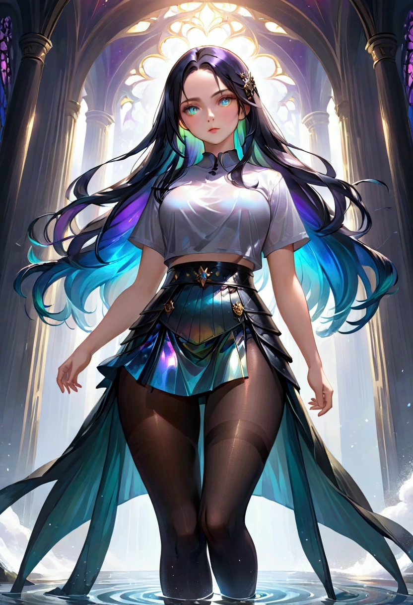 Long dark iridescent hair, iridescent eyes, small waist large thighs, white shirt and black tights.