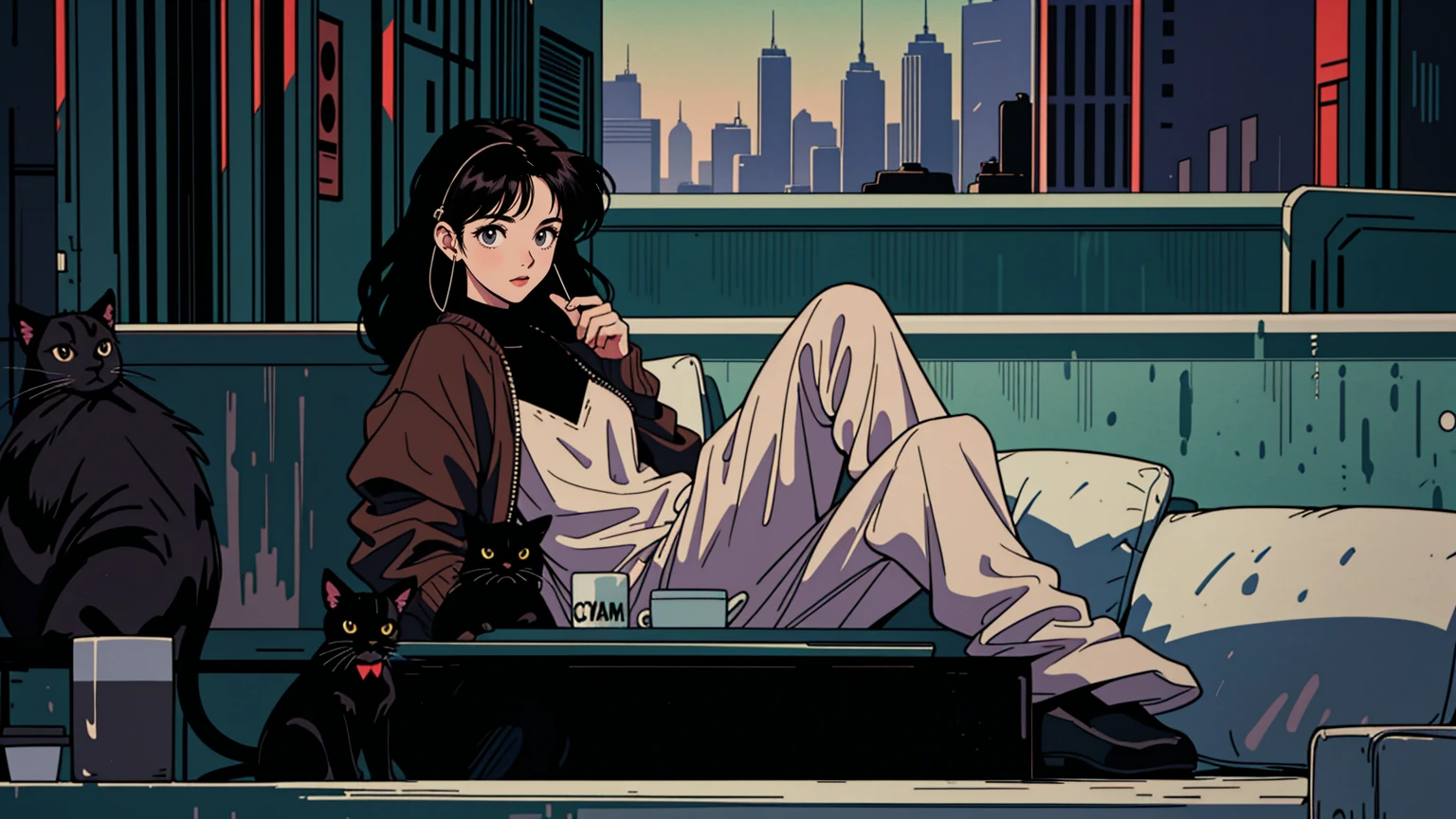 1girl, extremely detailed eyes and face, beautiful detailed lips, long dark hair, bright brown eyes, 90s style, 2010s hairstyle, cityscape, citylight, headphones, full body, relaxed coffee, table, snacks, looking at viewer, black cat