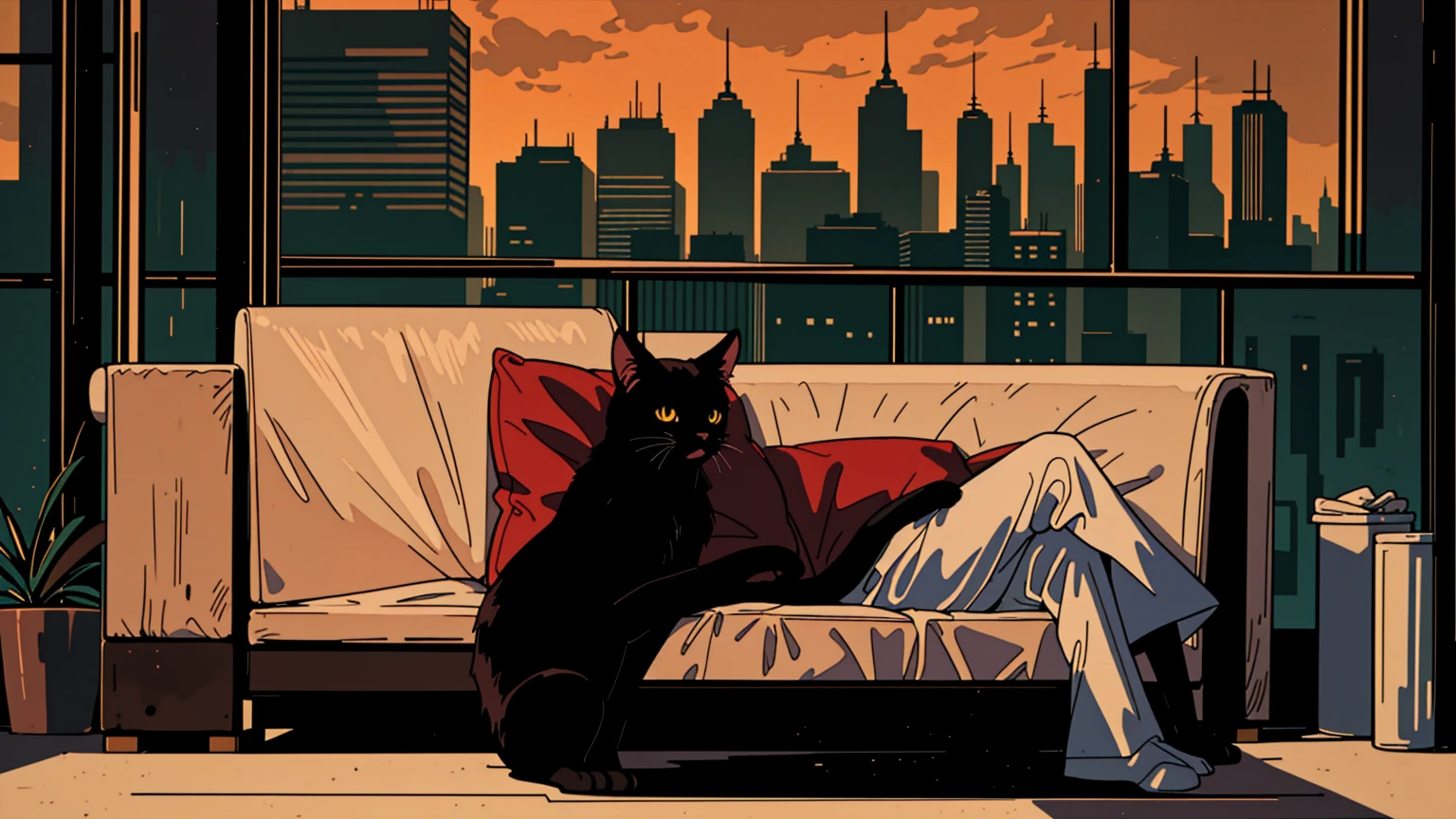 1girl, extremely detailed eyes and face, beautiful detailed lips, long dark hair, bright brown eyes, 90s style, 2010s hairstyle, cityscape, citylight, headphones, full body, relaxed coffee, table, snacks, looking at viewer, black cat