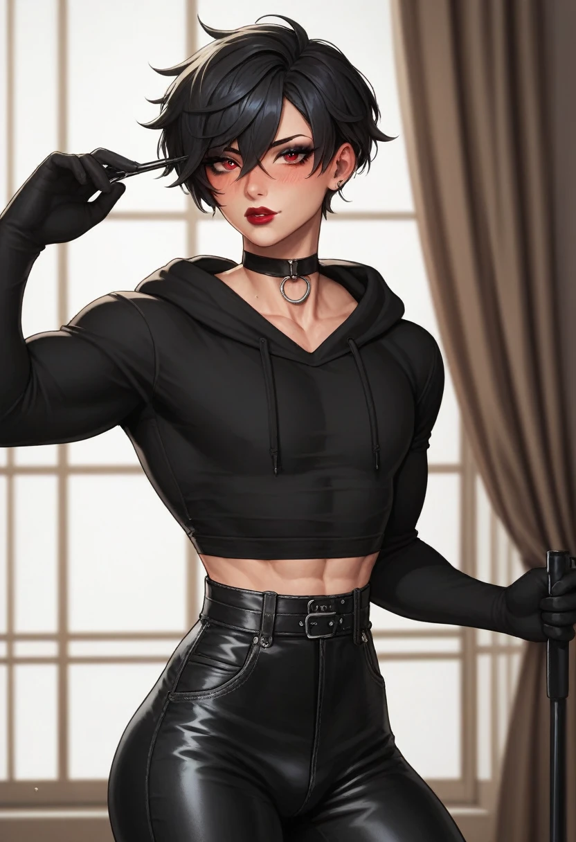 1boy, black eyeliner, male medium length mullet hairstyle, medium sharp hair texture, black hair, handsome, red eyes, black long gloves, black clothes, room, red lipstick, femboy, blush, thin waist, black sweater, black pants, choker, beautiful face, black shirt, hood
