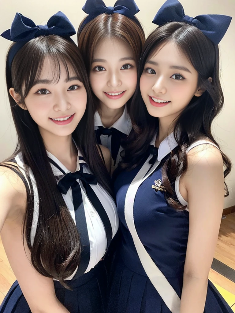 (Super cute Korean high school girls duo take photos 1.2)(grin,Smile)(Beautiful Sweat:1.1)(16K, RAW Photos, Highest quality, masterpiece: 1.2),(Beautiful short bob hair with even bangs, black hair) Super detailed, Super Resolution, (Genuine, Genuine photos: 1.37), Portraiture, High-resolution RAW color photos, Professional photos, Very detailed, 8k wallpaper, Very detailed CG Unity 8k wallpaper, Very detailed beautiful girls, Very detailed faces, ((whole body)), beautiful woman, Huge breasts,(huge boobs:1.1) (Big Boobs:1.1), Beauty college student (A tight, girly, navy sleeveless  with ribbon),high school girl, Korean Girls,(K-POP Female Idols), (Idol-class beauty)(Beautiful high school girl:1.1)(Disneyland)(18-year-old)(Stylish school uniform-style outfit:1.1)(Group photo:1.1)(Disney headbands:1.0)