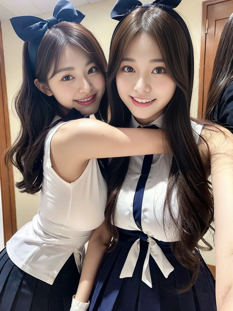 (Super cute Korean high school girls duo take photos 1.2)(grin,Smile)(Beautiful Sweat:1.1)(16K, RAW Photos, Highest quality, masterpiece: 1.2),(Beautiful short bob hair with even bangs, black hair) Super detailed, Super Resolution, (Genuine, Genuine photos: 1.37), Portraiture, High-resolution RAW color photos, Professional photos, Very detailed, 8k wallpaper, Very detailed CG Unity 8k wallpaper, Very detailed beautiful girls, Very detailed faces, ((whole body)), beautiful woman, Huge breasts,(huge boobs:1.1) (Big Boobs:1.1), Beauty college student (A tight, girly, navy sleeveless  with ribbon),high school girl, Korean Girls,(K-POP Female Idols), (Idol-class beauty)(Beautiful high school girl:1.1)(Disneyland)(18-year-old)(Stylish school uniform-style outfit:1.1)(Group photo:1.1)(Disney headbands:1.0)