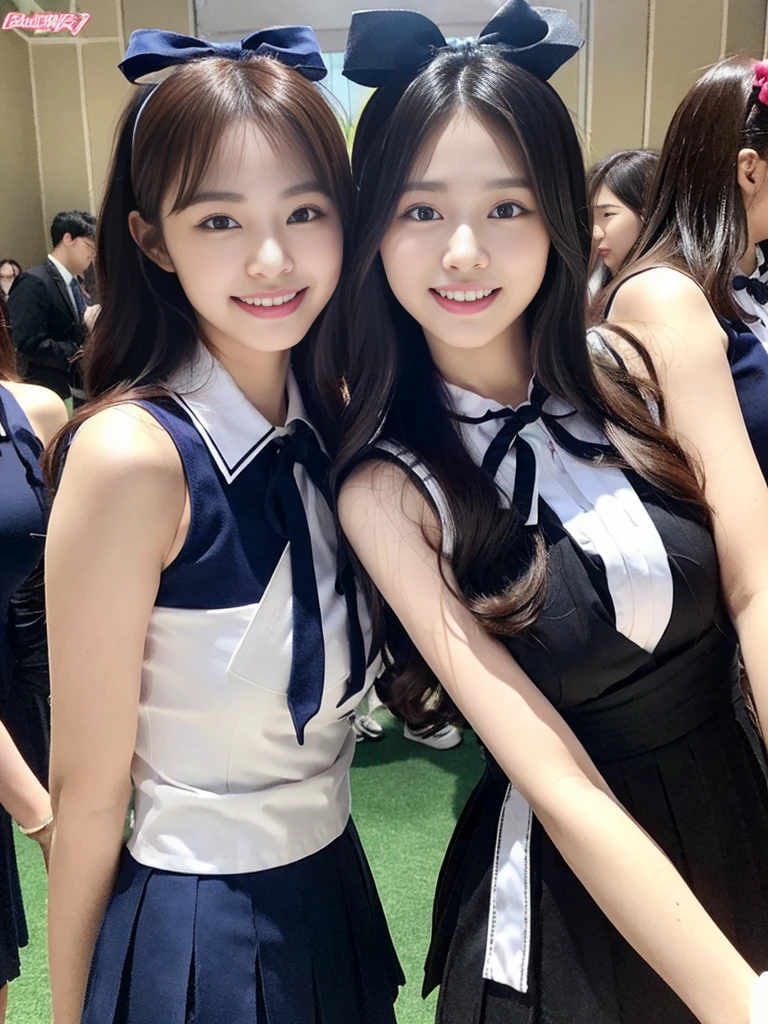 (Super cute Korean high school girls duo take photos 1.2)(grin,Smile)(Beautiful Sweat:1.1)(16K, RAW Photos, Highest quality, masterpiece: 1.2),(Beautiful short bob hair with even bangs, black hair) Super detailed, Super Resolution, (Genuine, Genuine photos: 1.37), Portraiture, High-resolution RAW color photos, Professional photos, Very detailed, 8k wallpaper, Very detailed CG Unity 8k wallpaper, Very detailed beautiful girls, Very detailed faces, ((whole body)), beautiful woman, Huge breasts,(huge boobs:1.1) (Big Boobs:1.1), Beauty college student (A tight, girly, navy sleeveless  with ribbon),high school girl, Korean Girls,(K-POP Female Idols), (Idol-class beauty)(Beautiful high school girl:1.1)(Disneyland)(18-year-old)(Stylish school uniform-style outfit:1.1)(Group photo:1.1)(Disney headbands:1.0)