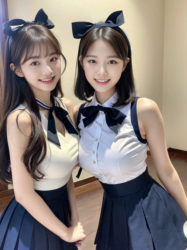 (Super cute Korean high school girls duo take photos 1.2)(grin,Smile)(Beautiful Sweat:1.1)(16K, RAW Photos, Highest quality, masterpiece: 1.2),(Beautiful short bob hair with even bangs, black hair) Super detailed, Super Resolution, (Genuine, Genuine photos: 1.37), Portraiture, High-resolution RAW color photos, Professional photos, Very detailed, 8k wallpaper, Very detailed CG Unity 8k wallpaper, Very detailed beautiful girls, Very detailed faces, ((whole body)), beautiful woman, Huge breasts,(huge boobs:1.1) (Big Boobs:1.1), Beauty college student (A tight, girly, navy sleeveless  with ribbon),high school girl, Korean Girls,(K-POP Female Idols), (Idol-class beauty)(Beautiful high school girl:1.1)(Disneyland)(18-year-old)(Stylish school uniform-style outfit:1.1)(Group photo:1.1)(Disney headbands:1.0)