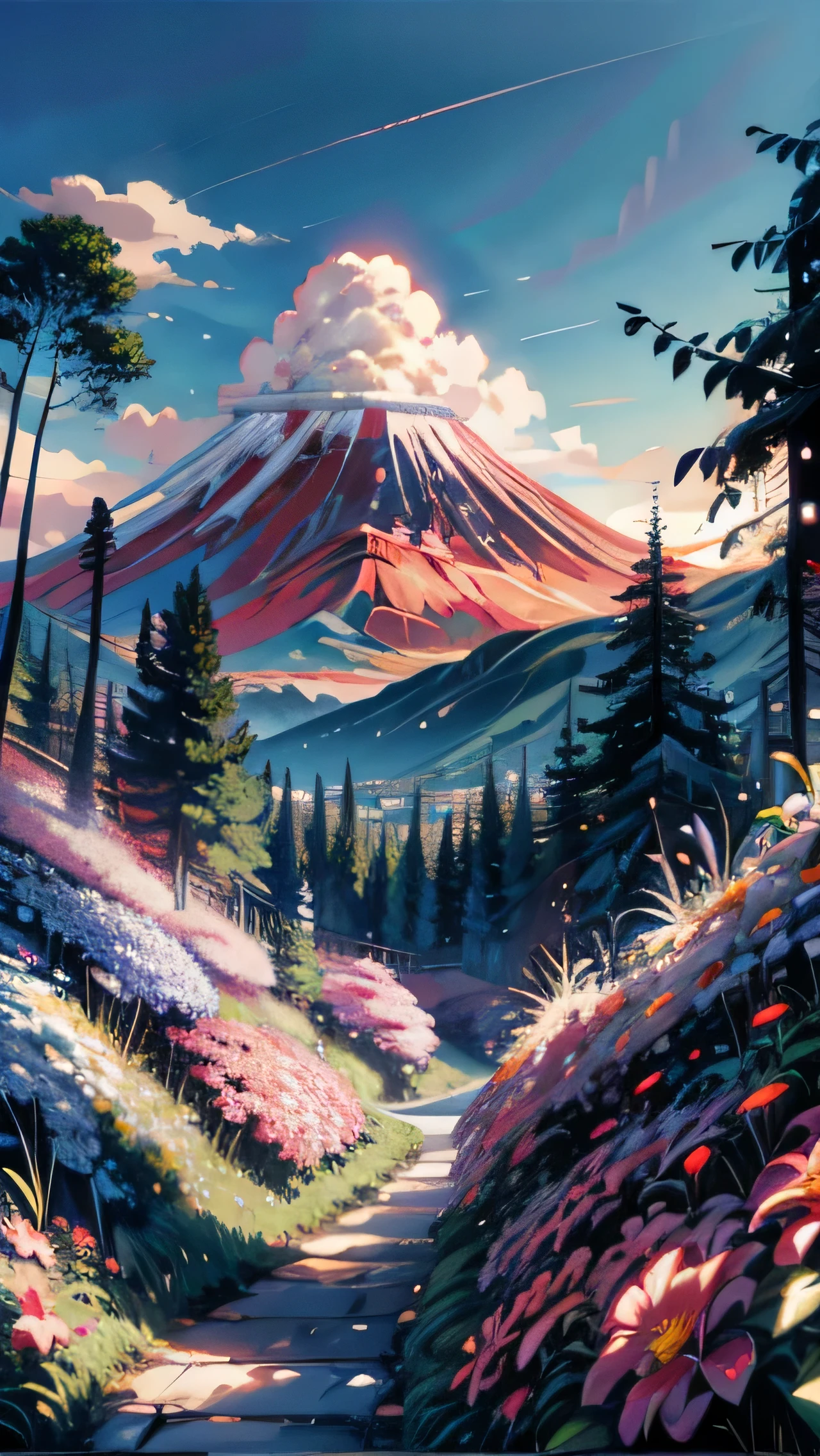 a painting of a volcano surrounded by flowers, multicolored flowers, tropical, forest, greenery, volcano background, blue sky, mythical floral hills, background of flowery hill, volcanic background, volcano background, kilian eng vibrant colours, beatiful mountain background, kilian eng vibrant colors, mountains background, by Juan O'Gorman, flower background, flowery wallpaper, flowers background, floral background, mountainous background, mountain background. by makoto shinkai, ghibli artstyle, 4k professional painting, game, detailed key anime art, illustation, a beautiful artwork illustration, beautiful digital painting, highly detailed digital painting, beautiful digital artwork, detailed painting 4 k, very detailed digital painting, rich picturesque colors, gorgeous digital painting