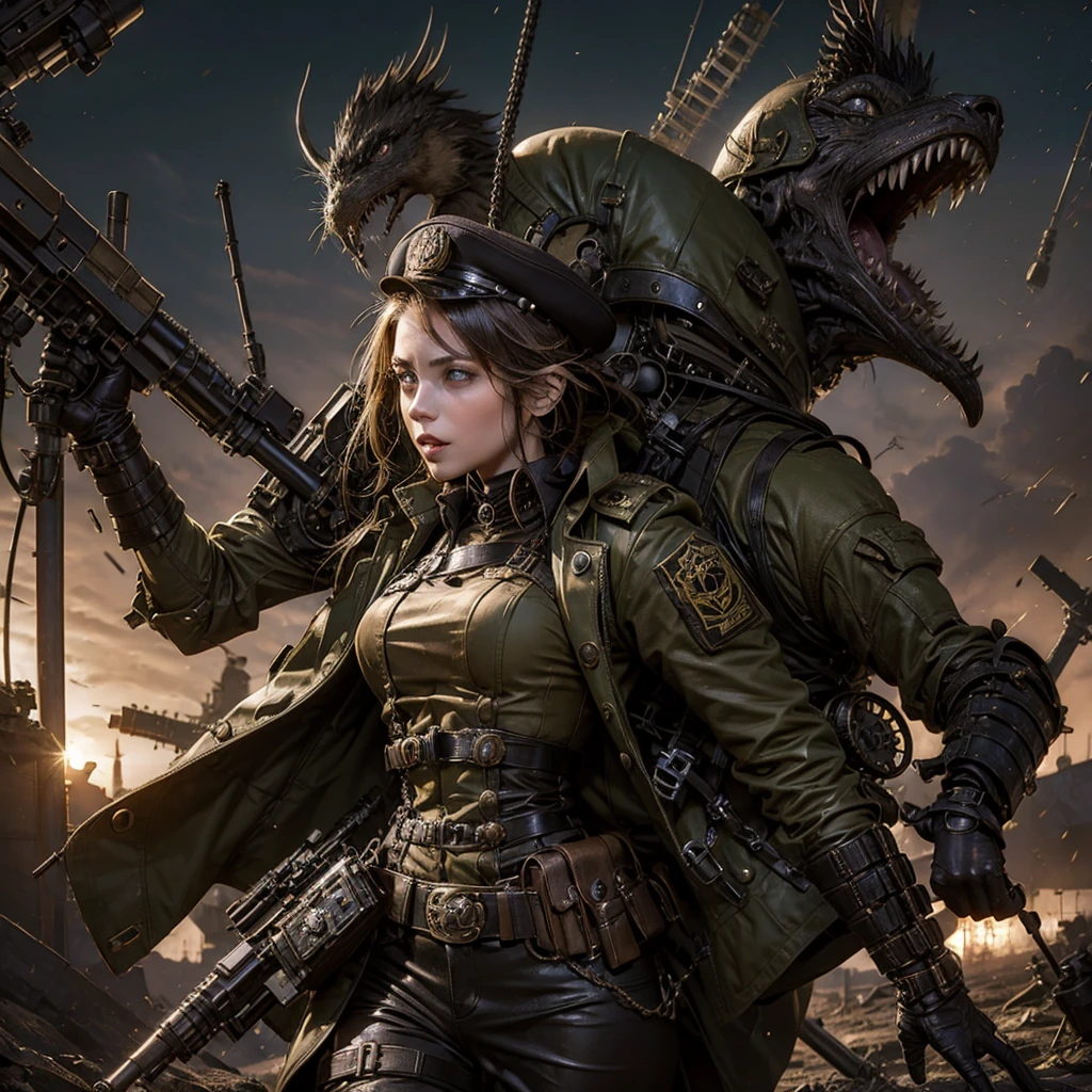 
a girl in a steampunk military uniform in a battlefield accompanied by surreal creatures