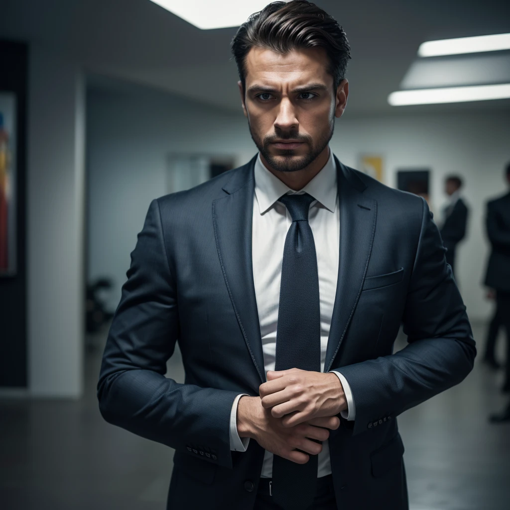 (8k, best qualityer, work of art: 1.2), (best qualityer: 1.0), (ultra-high resolution: 1.0), Man in business clothes opening his arms with doubt, expression of doubt, realisitic