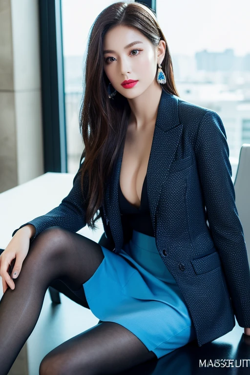 (Highest quality、Ultra-high resolution、masterpiece),(Full body portrait)、Blue blazer、(Blue midi skirt:1.2)、(Delicate face、Detailed eyes and face、double eyelid、Lustrous red lips)、Slender,High floor office、There is a large window、Detailed Background、Cleavage、Happy expression、Sitting pose，black silk pantyhose,High heels、1 girl