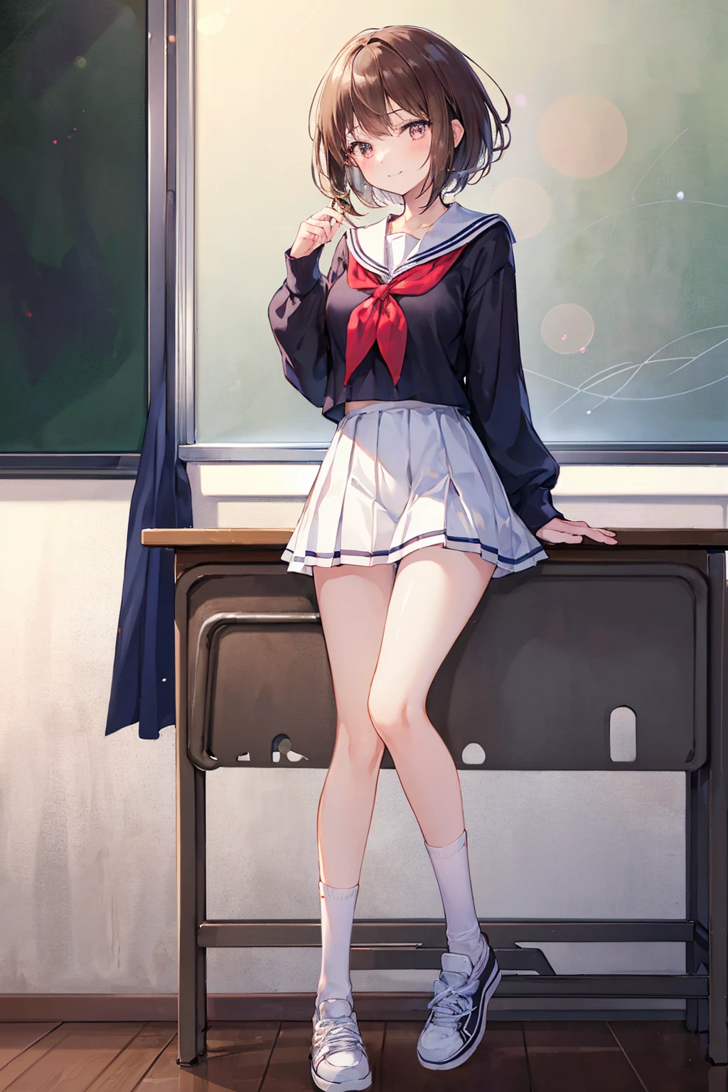 (masterpiece: 1.3),(Highest quality:1.4),超High resolution,(Detailed eyes),(Detailed facial features),(Detailed clothing features),High resolution,8k resolution, Ground Focus, bangs, Firm Skin, (Glowing Skin ),(Slender girl),dream-like, (Very detailedイラスト),scenery,No text, Virtual Girl Lynn, Happy, smile, (Small breasts), bangs, Bob Hair, short hair, Brown Hair, Brown eyes, One girl, student, high school, white , Sailor suit, Dark red pleated skirt, socks, sneakers,((Highest quality)), (Very detailed), (High-definition CG synthesis 8K wallpaper), 高いly detailed, 高い-definition raw color photos, Professional photography, (((Bokeh))), Written boundary depth,Underwear visible,classroom