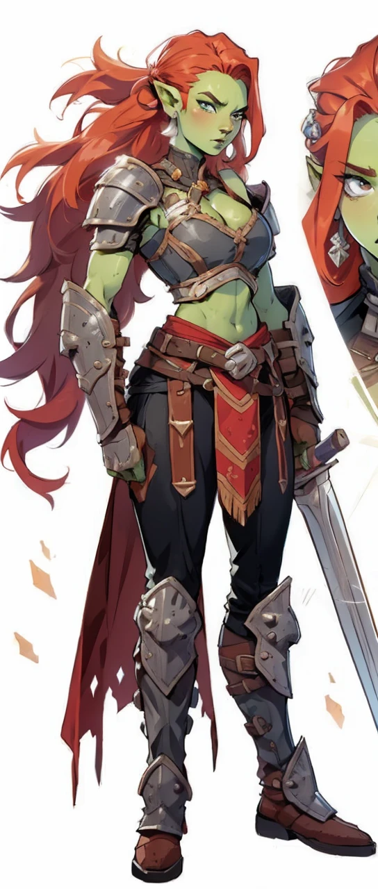 Solo, female, orc, (green skin), fantasy village, muscular, armor redhead
