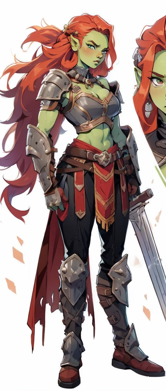 Solo, female, orc, (green skin), fantasy village, muscular, armor redhead