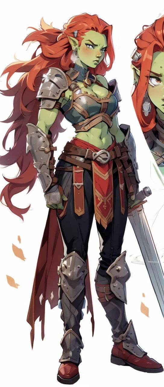 Solo, female, orc, (green skin), fantasy village, muscular, armor redhead