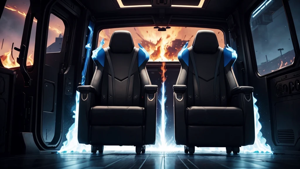 2 fortnite players in a dark setting, their silhouettes visible, both seated on 2 thrones against each other, each looking away from the other. Both are dressed in black, with only their eyes white.
Behind them is a blazing fire, with a large blue Fortnite bus in the background to the right.
At the front of the image is a trophy.