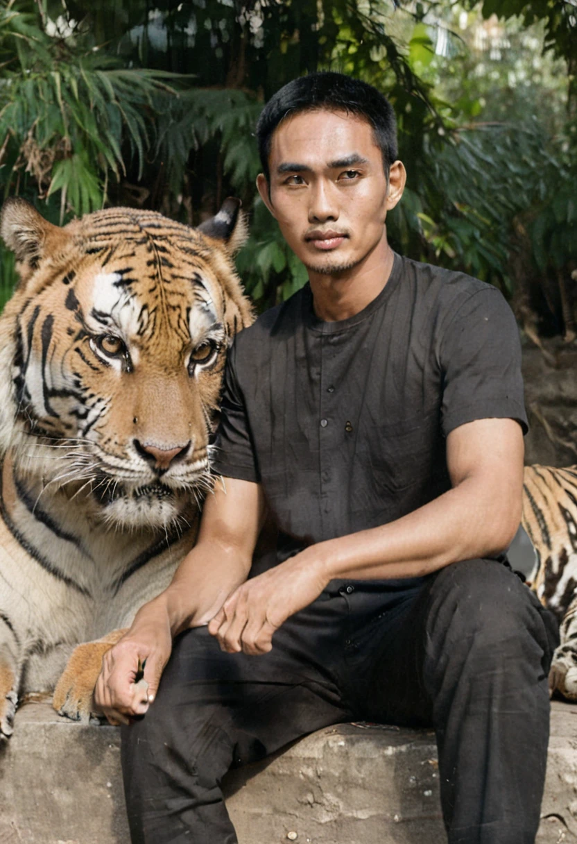 Handsome Indonesian man,short thin hair,thick eyebrows,body a little full,wearing a black shirt,sitting on a big tiger.