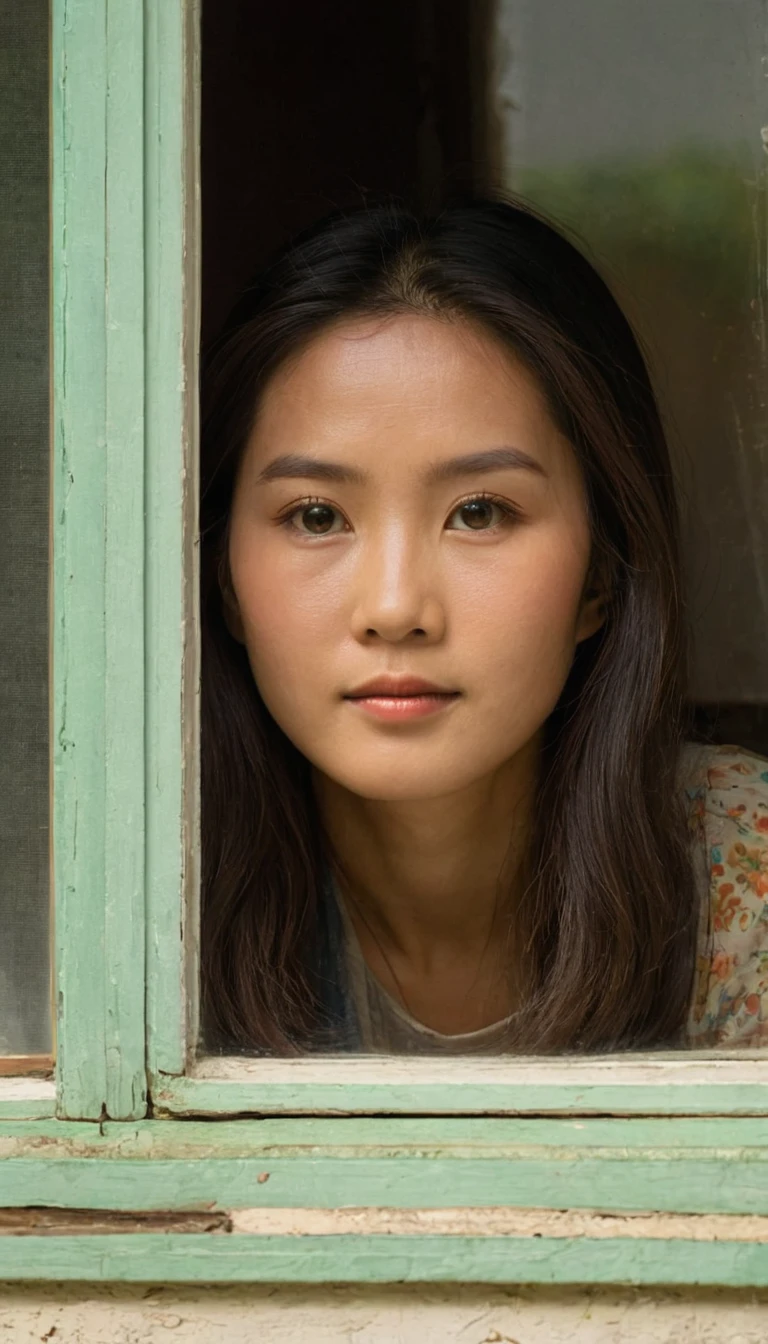 Photo of a window of a house, inside the window is a beautiful young asian woman in the 1970s, with her hair and clothing from the 1970s, the woman is sitting inside a house looking out through the window, the glass of the window is somewhat tarnished and dirty at the edges, the woman is looking straight at the camera with a lost look and a slight smile, (((the shot was taken from the outside of the house))), full color with a cinematographic lighting, high definition professional photography style ,photorealistic