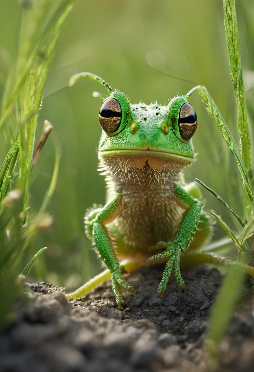 amazing quality, masterpiece, best quality, hyper detailed, ultra detailed, UHD, perfect anatomy, portrait, dof, hyper-realism, majestic, awesome, inspiring, perfect meadow ground with fluffy cute green smol animal zhibi grashopper in it, earth, gritty, grass, cinematic composition, soft shadows, national geographic style