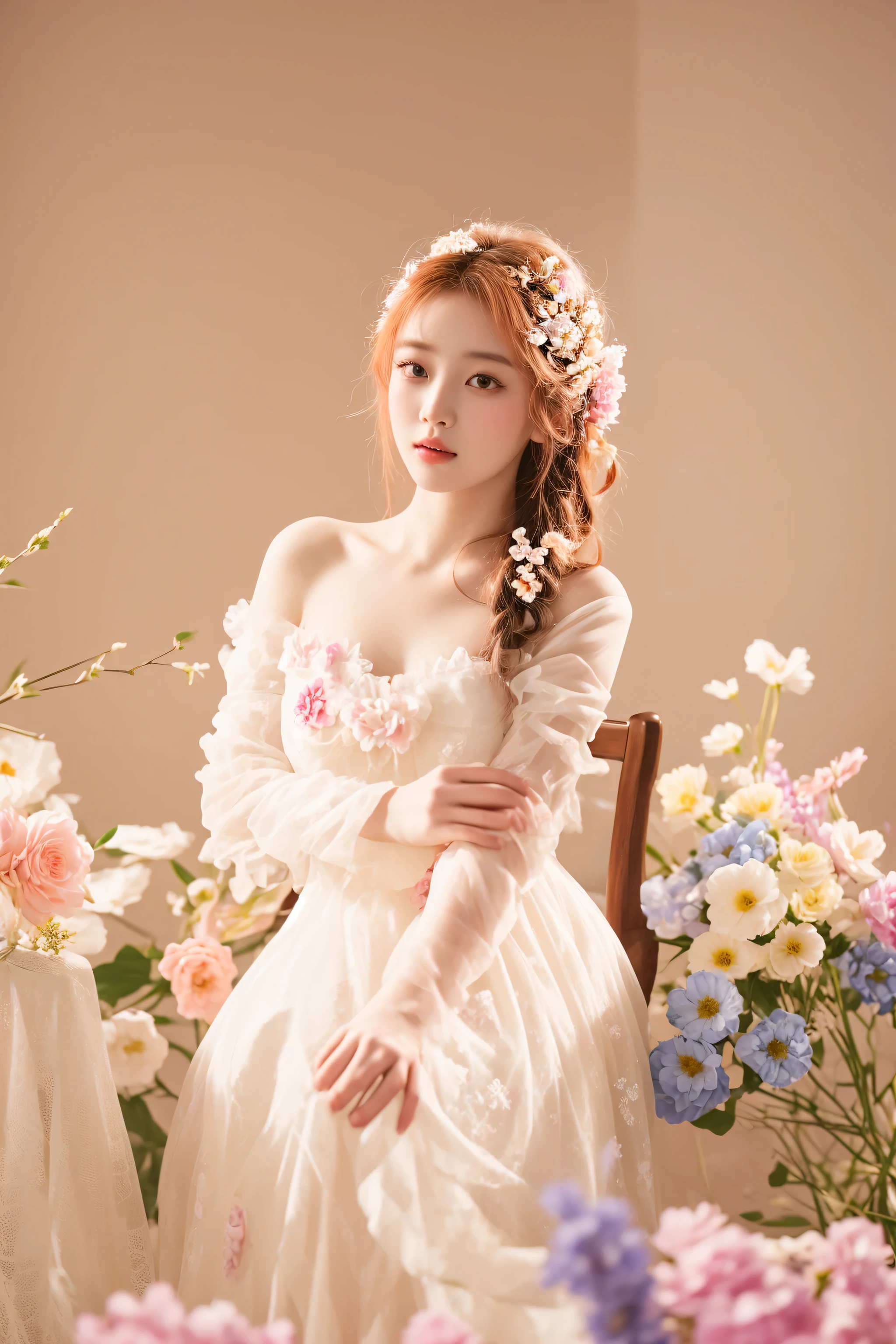 there is a woman sitting in a chair with flowers in her hair, ethereal beauty, heonhwa choe, spring day, sakimichan, ethereal fairytale, ethereal!!!!!!!, jinyoung shin, rococo queen, with flowers, dreamy and ethereal, ethereal and dreamy, romantic dress, cyarine, seseon yoon, flower dress, flower goddess