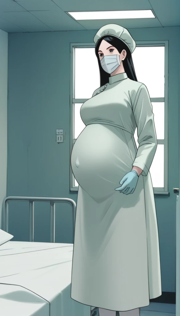 score_9, score_8_up, score_7_up, source_anime, raw image, masterpiece, highest quality, kasuganoray, pale skin, the hottest eyes, long black hair, big breasts, scrubs, surgical mask, bouffant cap, long sleeve maternity dress, put on another long sleeved coat, seamless, navel head, the dress isn't wrinkled, long white stockings,
1girl, pregnant, solo, long rubber gloves, looking down, furrowed brow, hospital bed, natural light, standing, patient room background, She is inquiring about the patient's condition