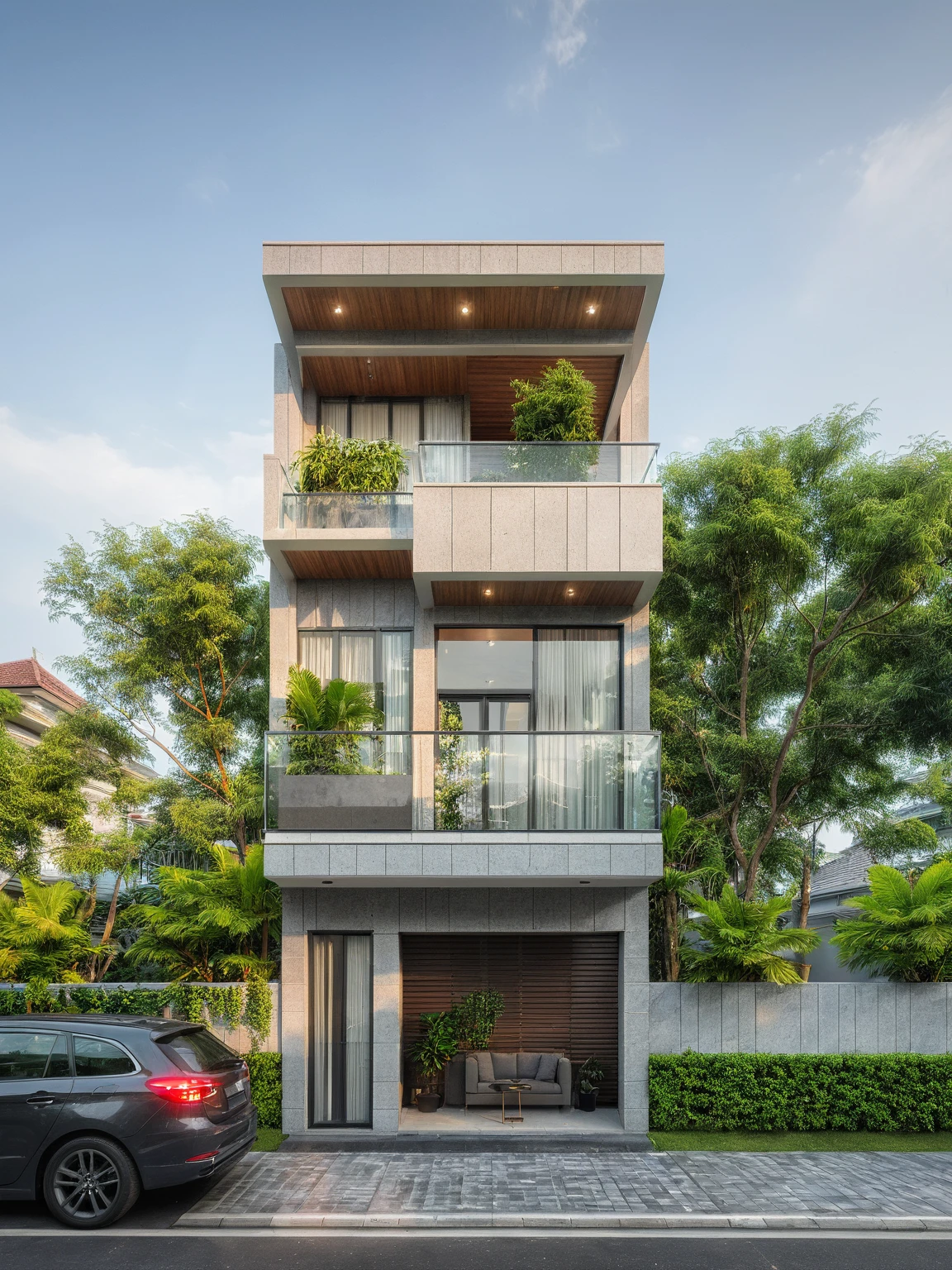 modern villa on street, (daylight), tropical tree, green shrub and plants, vivid color, streetcapes, minimalist design, brigth grey tone, (large glass door:1.2), warm interior lighting, modern material, best quality, ultra realistic, masterpiece, 
