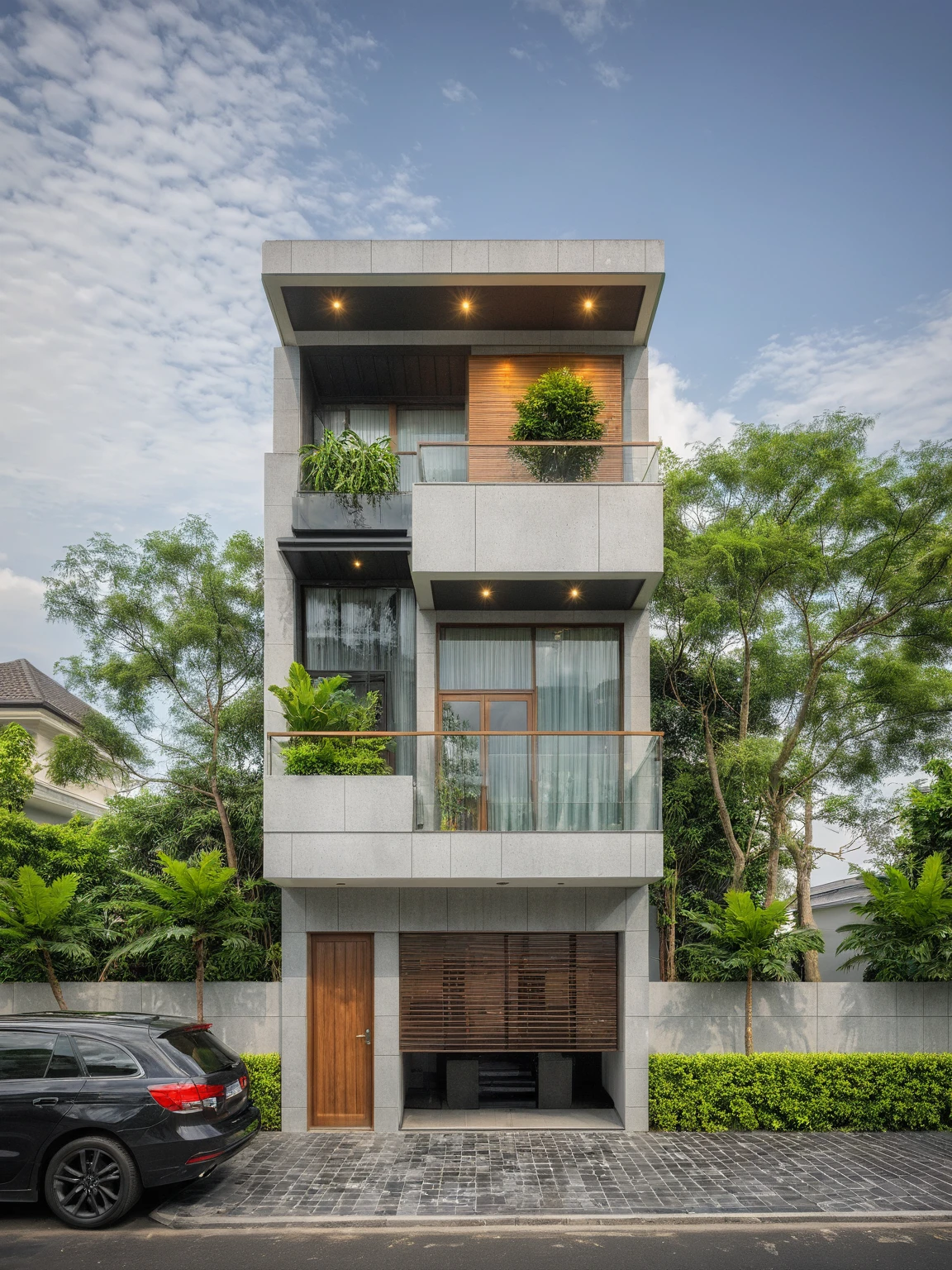 modern villa on street, (daylight), tropical tree, green shrub and plants, vivid color, streetcapes, minimalist design, brigth grey tone, (large glass door:1.2), warm interior lighting, modern material, best quality, ultra realistic, masterpiece, 

