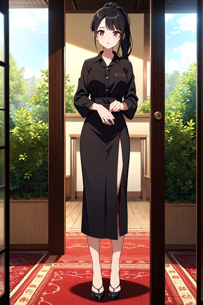 masterpiece, 32k, extremely detailed, finely detail, intricate details, 
BREAK
(absurdres:1.1, highres:1.1, ultra detailed:1.1),
insanely detailed, absurdres, 
(high resolution:1.1, ray tracing:1.1, refraction:1.1)
(1 female, solo:1.3), 
BREAK
perfect symmetrical face, pony tail, ((黒のロングスカート)), ((ベージュのカーディガン))
BREAK
(((full body))), standing, 
BREAK