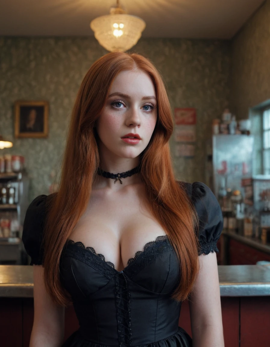 (girl with beautiful long red hair,girl with (((big breasts))) girl with pale white skin,girl in gothic dress,retro pastel walls,vintage soda fountain,analog film photography,kodachrome film photography,best quality,4k,8k,highres,masterpiece:1.2,ultra-detailed,realistic,photorealistic,photo-realistic:1.37,HDR,UHD,studio lighting,ultra-fine painting,sharp focus,physically-based rendering,extreme detail description,professional,vivid colors,bokeh,portrait,gothic,retro)