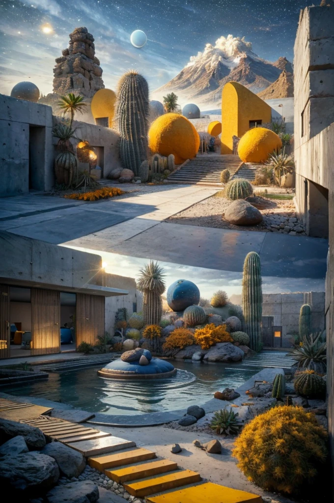 An illustration in collage style, with giant boulders, brutalist building sections, terraces, stairs, cacti, agave, concrete texture, multiple geometric shapes, hatch and cross hatching, planet saturn, volcano, moon, Luis Barragán's architectural style build, milky way galaxy, violet, one motorcycle, An illustration in collage style, with giant boulders, brutalist building sections, stairs, cacti, agave, concrete texture, multiple geometric shapes, hatch and cross hatching, planet saturn, volcano, moon, Luis Barragán's architectural style build, reflective pool, terraces. An elegant and modern build, in top of big boulders, with terraces, materials concrete, wood, steel and crystal, various gardens with tropical vegetation, cacti and rocks, stairs, a pool. In middle of sea, a big wave near, sunset, mountains and a volcano in the horizont, cute islands around, illustration format, cute color palette, detailed, masterpiece, award-winning work, clouds, Illustration, a garden with abundant cacti, ((various organic sculptures)), ((big rocks)), (((multiple sections))), collage style, detailed, (((color palette (olive green), (Mustard orange), cool grey, ((blue)), black and white))), (((a lot Luis barragán's architecture style builds))) big clouds, volcano in horizon, stairs, in the desert. ((masterpiece, best quality)),illustration,ultra detailed 8k, ((Ori Toor visual style)),soviet, megabuildings, megastructures, buildings, organic steel sculpture, brutalism, brutalism, brutalism, David Hockney, David Hockney, David Hockney