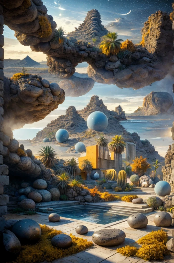 An illustration in collage style, with giant boulders, brutalist building sections, terraces, stairs, cacti, agave, concrete texture, multiple geometric shapes, hatch and cross hatching, planet saturn, volcano, moon, Luis Barragán's architectural style build, milky way galaxy, violet, one motorcycle, An illustration in collage style, with giant boulders, brutalist building sections, stairs, cacti, agave, concrete texture, multiple geometric shapes, hatch and cross hatching, planet saturn, volcano, moon, Luis Barragán's architectural style build, reflective pool, terraces. An elegant and modern build, in top of big boulders, with terraces, materials concrete, wood, steel and crystal, various gardens with tropical vegetation, cacti and rocks, stairs, a pool. In middle of sea, a big wave near, sunset, mountains and a volcano in the horizont, cute islands around, illustration format, cute color palette, detailed, masterpiece, award-winning work, clouds, Illustration, a garden with abundant cacti, ((various organic sculptures)), ((big rocks)), (((multiple sections))), collage style, detailed, (((color palette (olive green), (Mustard orange), cool grey, ((blue)), black and white))), (((a lot Luis barragán's architecture style builds))) big clouds, volcano in horizon, stairs, in the desert. ((masterpiece, best quality)),illustration,ultra detailed 8k, ((Ori Toor visual style)),soviet, megabuildings, megastructures, buildings, organic steel sculpture, brutalism, brutalism, brutalism, David Hockney, David Hockney, David Hockney