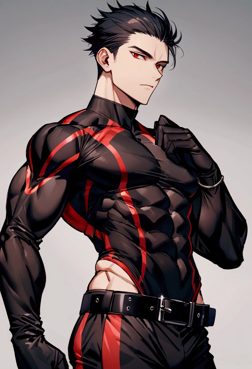 masculine man, tall, muscular, long-sleeved sports shirt made of black lycra, short black hair combed back and red eyes, black belt and black gloves, slim, 24 years old