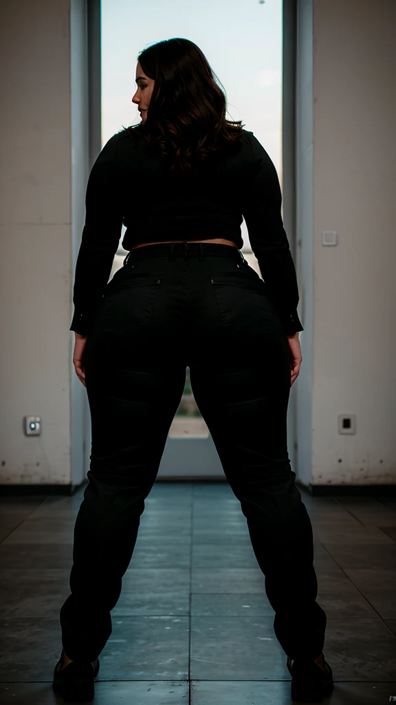 Ultra realistic photography of a thick woman, 35 years old, view from behind, high quality, hyperrealistic, formal black pants