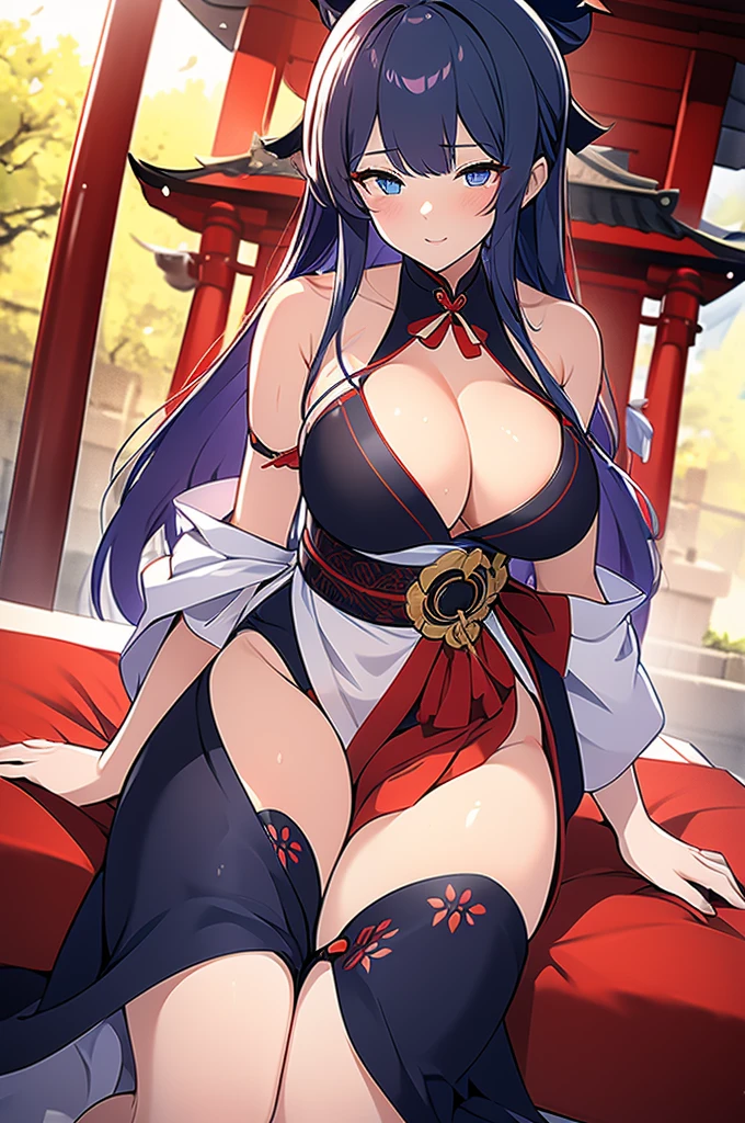 Black long hair、Deep blue eyes、woman、美しいwoman、Large Breasts、A revealing shrine maiden outfit made of red and white、A shrine maiden outfit that shows off her cleavage、Shrine Background、Outdoor、During sexual intercourse、On the bed、orgasm