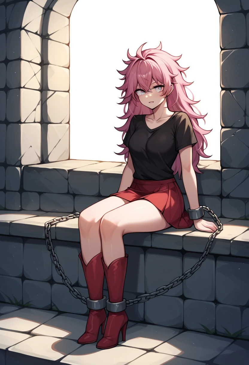 score_9, score_8_up, score_7_up, score_6_up, score_5_up, score_4_up, source_anime, 1woman, sit, stone bench, pink hair, long hair, white eyes, w-w-chain, shackles, arms, messy hair, black shirt, red skirt, red thigh high boots, heels, platforms, dungeon, best quality, best res, 4K UHD,