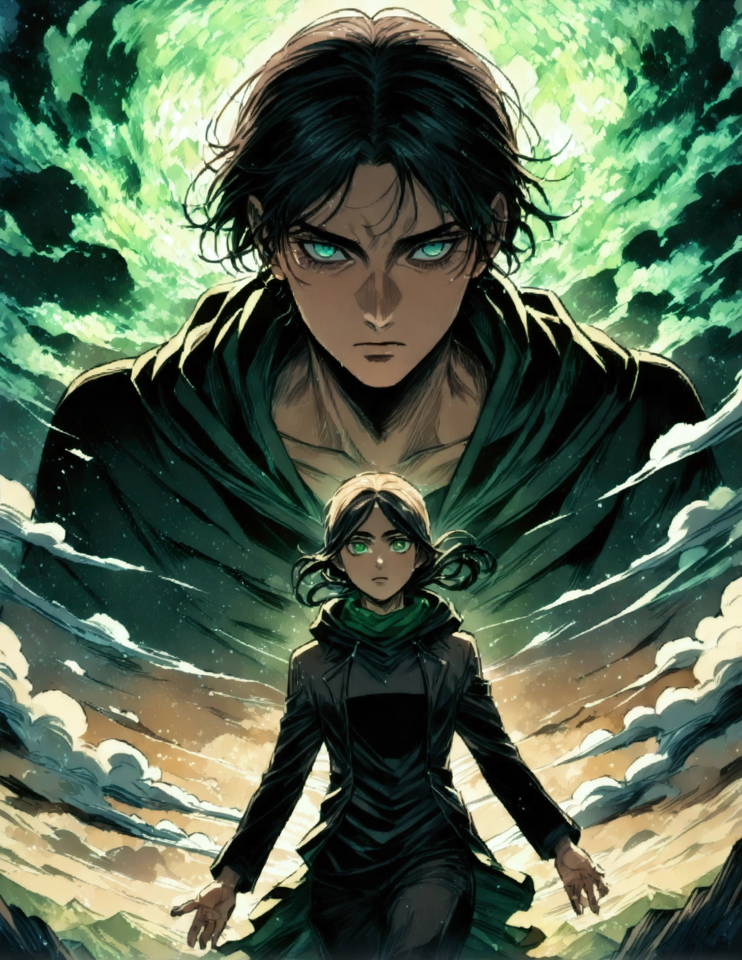 Mambang Hairstyles、Handsome man in his 20s(1 male,Ellen Yeager),(Attack on Titan,Eren Yeager,Attack on Titan),Green Eyes,Expressionless,(He is wearing a long black hoodie..),(masterpiece:1.3),(Highest quality:1.4),(Very detailedな:1.5),High resolution,Very detailed,unity 8k wallpaper,Decadent,Wind,Achieve smooth design