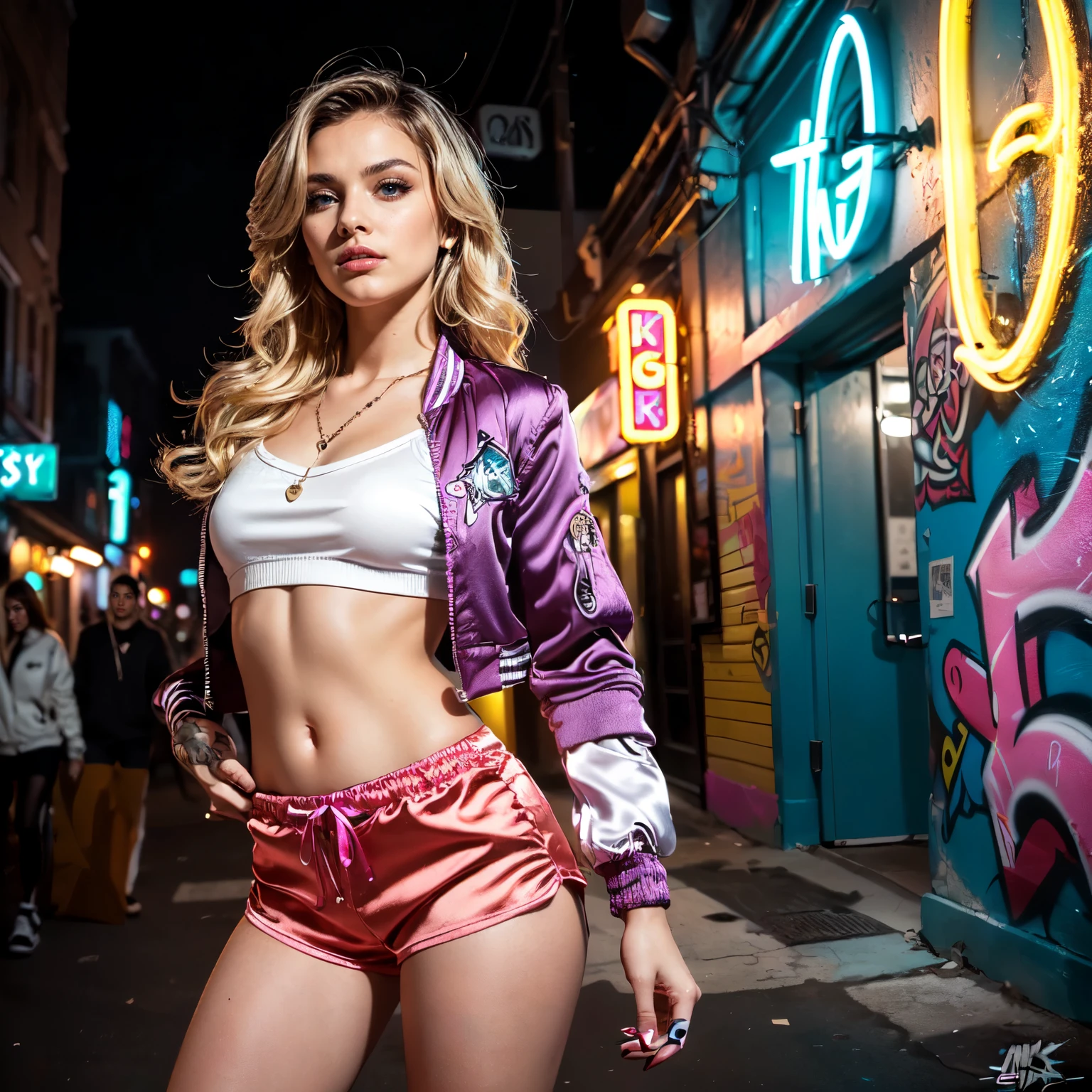 (Ultra-detailed eyes), (((textile shading))), (((Best Quality))), (((materpiece))), (((Ultra-detailed CG))), tow sassy 30 years old american girl, (((magical little girl))), (Petite), (tiny chest), blonde  wavy hair with pink streaks, ((gorgeous hair)), Pink eyes, (((punk girl, satin jacket, y2k ripped satin Shorts))), ((striking a pose)), (((Game CG)) (gorgeous, sassy, it girl), fancy jewelry, graffiti-covered walls,neon lights,vibrant colors,night scene,gritty atmosphere,4K, strong punk atmosphere, cowboy shot, midshot, centered image, eye on camera, daylight,sexy Ass,