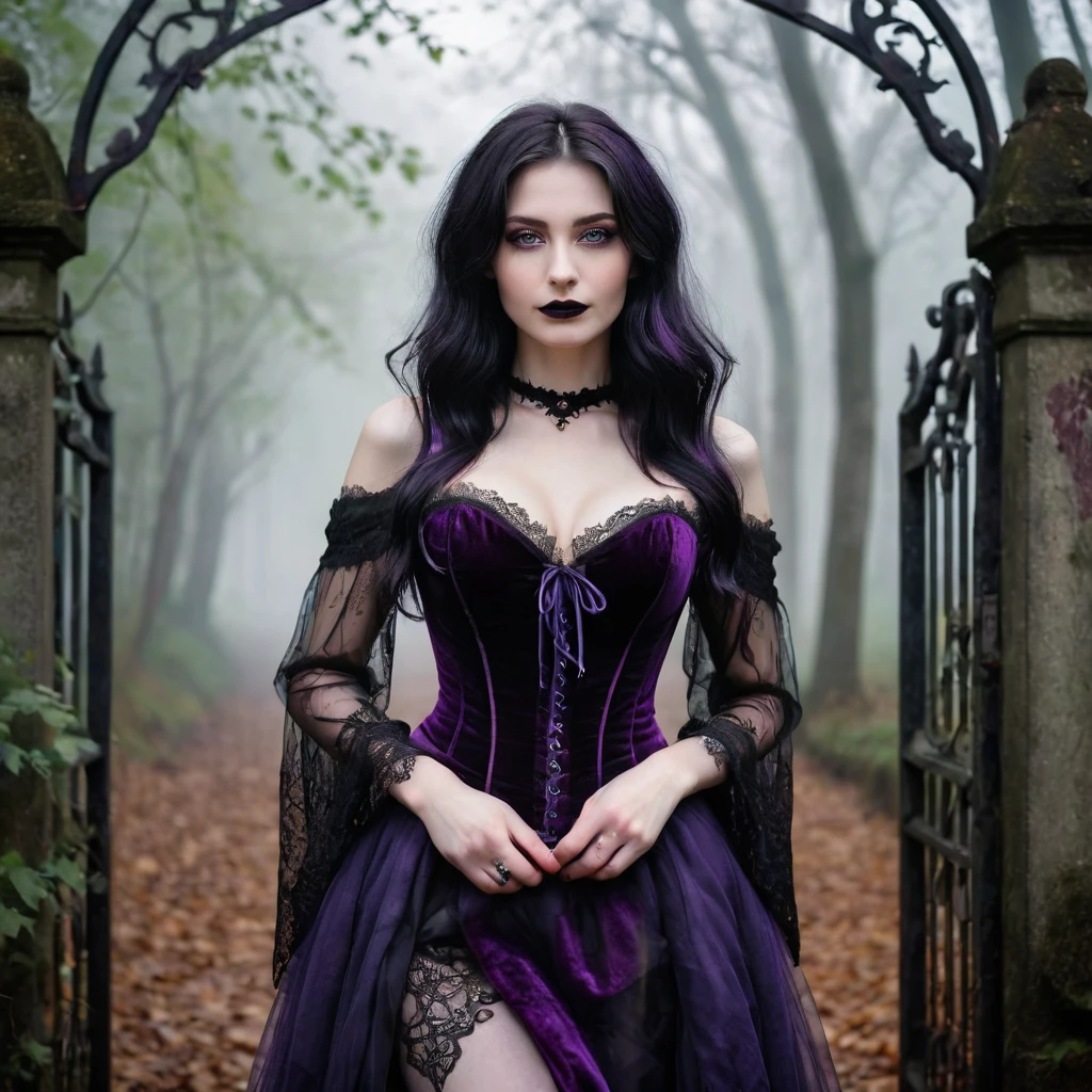 gothic scenario: Gloomy forest with tall, gnarled trees, ground covered in dry leaves and a thick fog covering the environment, with an old wrought iron gate in the background.
gothic clothes: Long purple velvet dress with black lace details, fitted corset, without panties and bra.
Pose: Standing in front of the iron gate, with one hand holding one of the gate bars and the other resting at the side of the body, looking at the camera with an enigmatic look, in a sensual pose that highlights every detail of the body.
Physical characteristics: 20 year, light green eyes with dark makeup around them, shoulder length black hair with purple dyed ends, long neck, discreet smile with dark lipstick, Small face, Bust Big, V shape, slim, Average height, athletic body, pale skin, Gothic style.