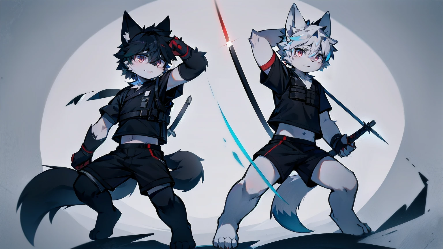 White Wolf,black hair,Red eyes,Wolf ears,Wolf Tail,juvenile,male,hairy,Hair,Half body armor,Combat uniform,Silver and black clothing,Handsome,Handsome,shorts,The forearm is exposed,leg,Fighting Stance,Duel,Two people,Anxious,Armed with a sword,Simple background,Swords