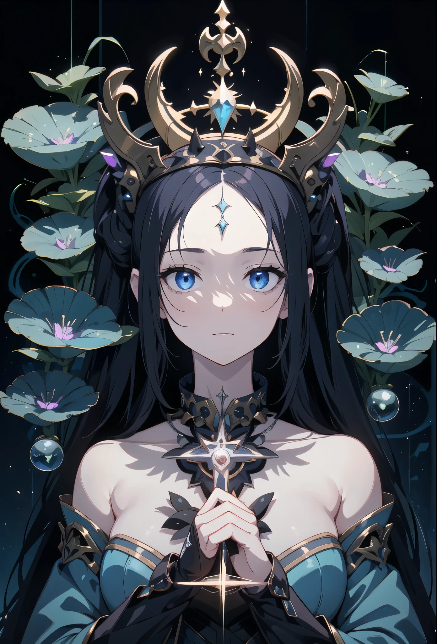 depicts a modern-day witch who has embraced the world of cybernetics to enhance her magical abilities. The artwork should convey the enchanting blend of traditional witchcraft and futuristic technology. Here are some specific elements to include: The Witch's Lair: The setting should be a cozy yet slightly eerie room, filled with magical books, crystal balls, potion ingredients, and antique furnishings. The room should be dimly lit by candles and a soft, mystical glow emanating from her cybernetic enhancements. The Cyborg Witch: The central focus of the artwork is the witch herself. She's a striking figure with a mix of traditional witch attire and cybernetic enhancements. Her clothing should have a witchy, occult aesthetic, with flowing robes, a pointed hat, and an intricate pentagram necklace. Her arms, however, have been upgraded with cybernetic components that incorporate magical symbols and glowing runes. Magical Interface: The witch is in the midst of casting a spell, with a holographic, touch-screen interface floating before her. This interface includes spell incantations, arcane symbols, and digital components, demonstrating her fusion of magic and technology. Spell Ingredients: On a nearby table, there should be a collection of spell ingredients, like herbs, potions, and magical artifacts. Some of these items may have been modified with cybernetic enhancements, blurring the line between the natural and the technological. Familiar: The witch's familiar, perhaps a cat or raven, should be present in the scene, serving as her magical companion. The familiar could also have subtle cybernetic enhancements or glowing eyes. Glowing Runes: The room should be adorned with ancient symbols and glowing runes on the walls and floor, contributing to the magical atmosphere. Aetherial Lighting: Use a combination of mystical, ethereal lighting and cybernetic glows to create a captivating interplay of light and shadow. The contrast between the tradit