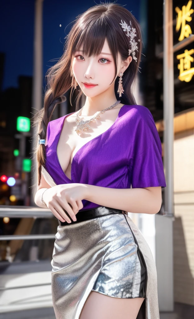 masterpiece, best quality, Ultra-high resolution,Photon Mapping,The best shadow,portrait,Beautiful details,Ultra-high detail,long purple hair,single braid,blunt bangs,Medium breasts,City,Chinatown,city center,see through, Short skirt, Low-cut:2, hair accessories, earrings, necklace, portrait, Silver dress:2, looking at the audience,alone,Professional lighting, Delicate skin,