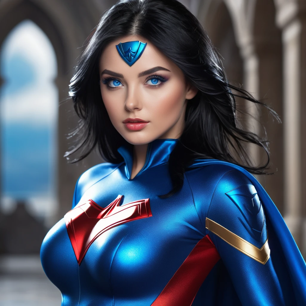 A girl of stunning beauty, with black hair, blue eyes, a sculpted body dressed in a superhero costume, in 4K resolution and realistic image.