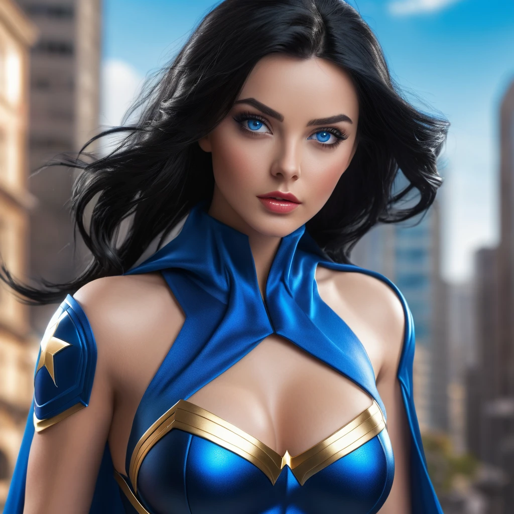 A girl of stunning beauty, with black hair, blue eyes, a sculpted body dressed in a superhero costume, in 4K resolution and realistic image.
