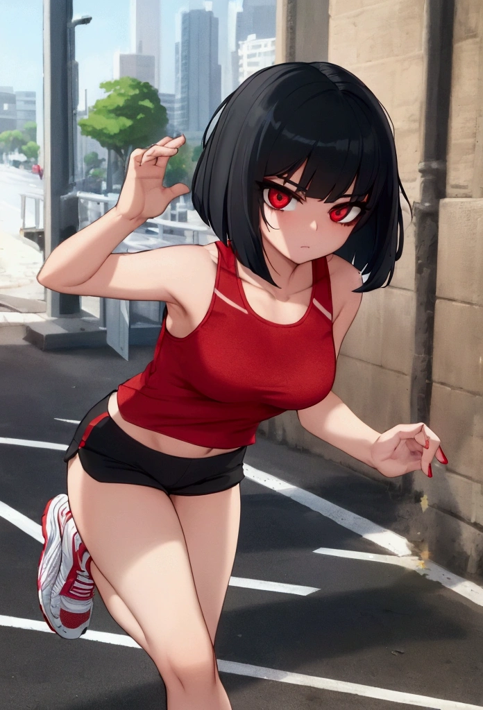 (Perfect body),Best Quality, K、((((Short stature))))、(((((Lori)))))、White kimono、Red mini skirt、(((blush)))、:D、Tsuriformes、Blunt bangs、(short-hair)、(((bob cuts)))、(Red Eyes),((Black hair)),(Sweat)、((red scarf))、((Big ass))、flat chest、(((thick thighs)))、Armpits、On top of the building、