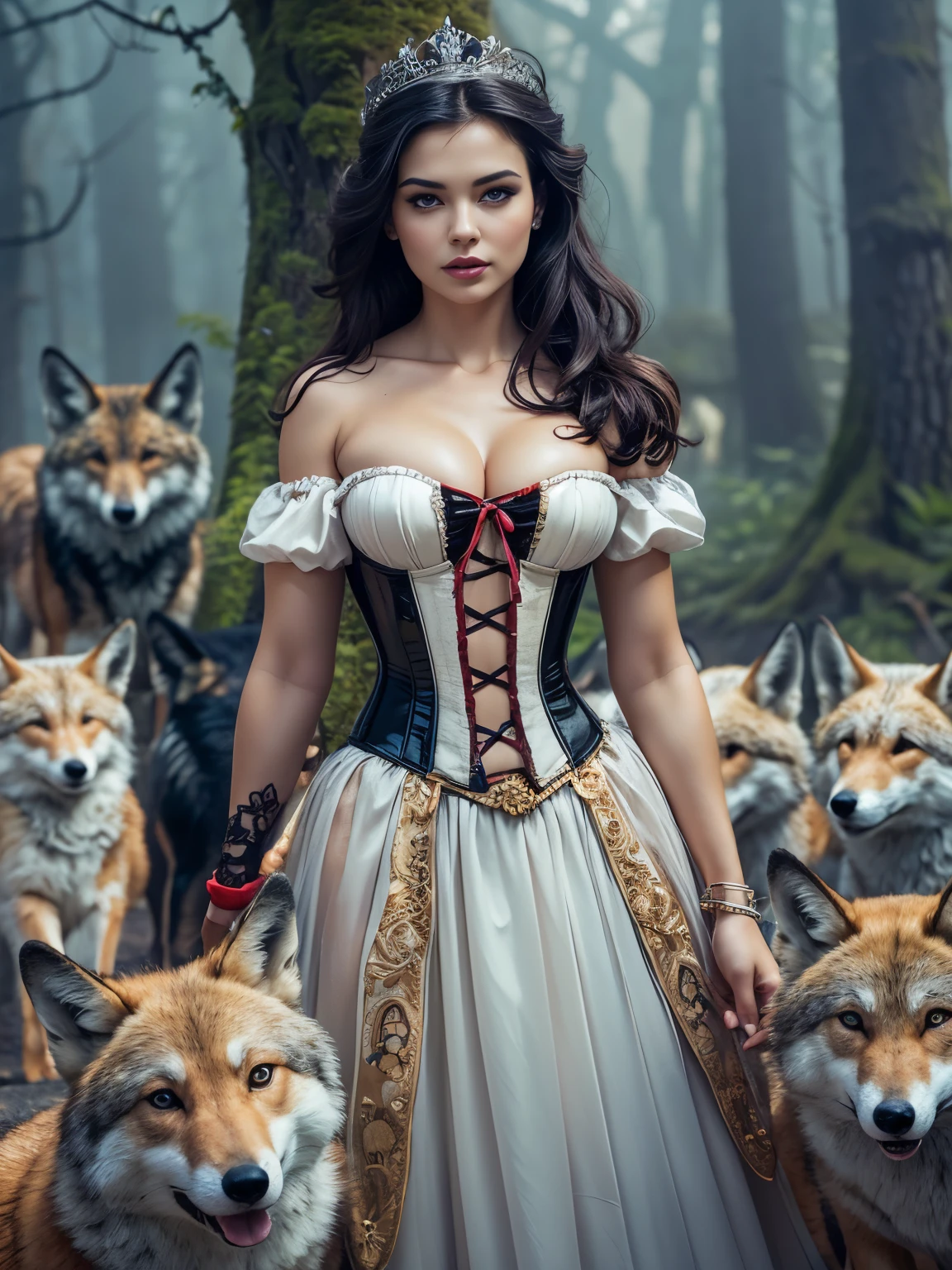 (masterpiece, photorealistic. Uhd) an ultra hot gorgeous European princess Snow White. Age 24. in a corset dress, pleated skirt, black stockings. expressive eyes, perfect face, large breast, small waist, perfect figure, highly detailed, showing cleavage, brown eyes, bangs, full body portrait, in the misty woods,((standing surrounded by foxes and wolves))