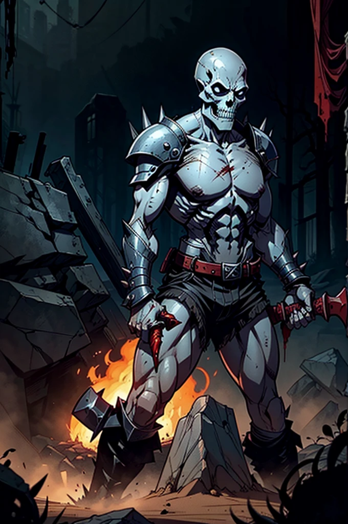draw a skeleton wearing spiked armor, holding an axe with blood, fighting zombies in a dark environment