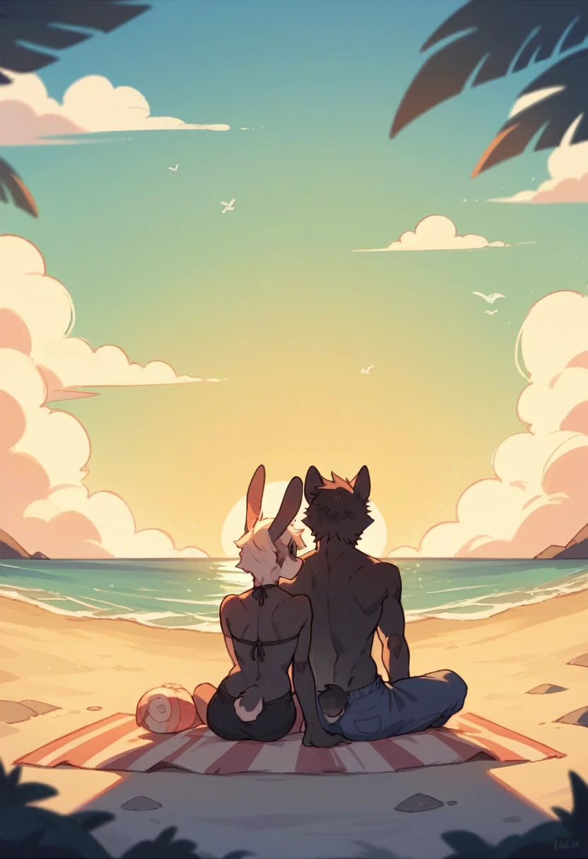 Create the silhouette of two anthropomorphic animals, a man rabbit and a man wolf, back to back sitting side by side on the beach sand watching the sunset