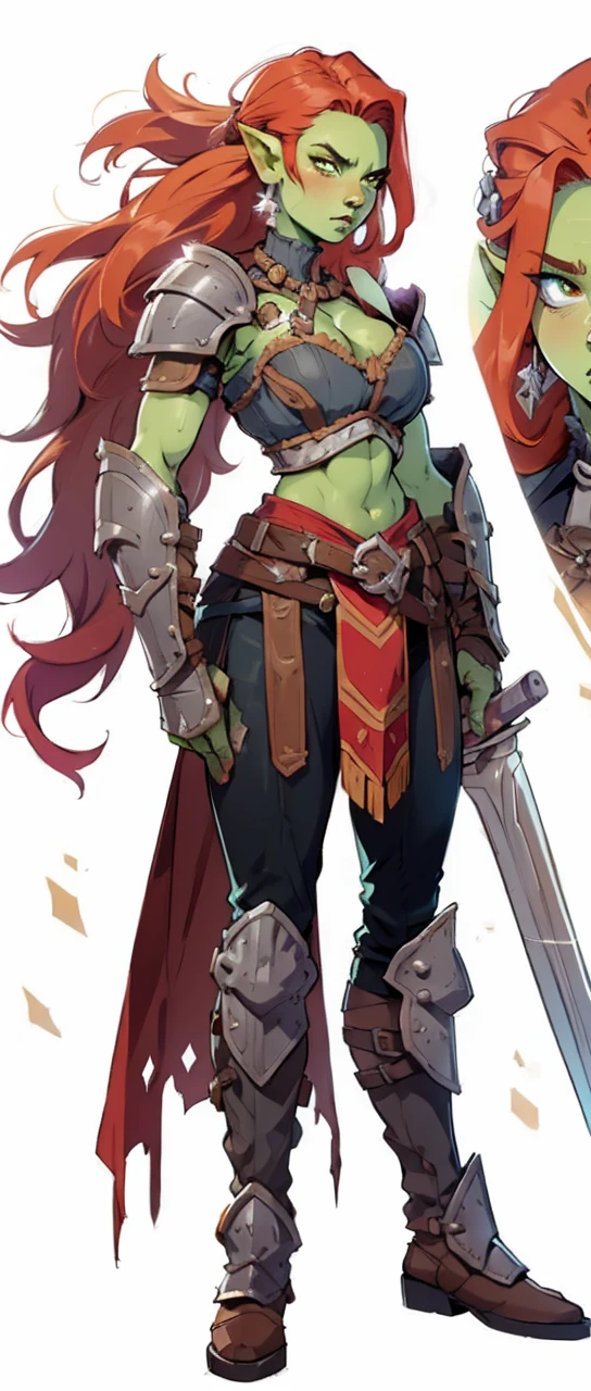 Solo, female, orc, (green skin), fantasy village, muscular, armor redhead, yellow eyes