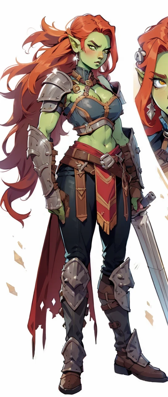 Solo, female, orc, (green skin), fantasy village, muscular, armor redhead, yellow eyes