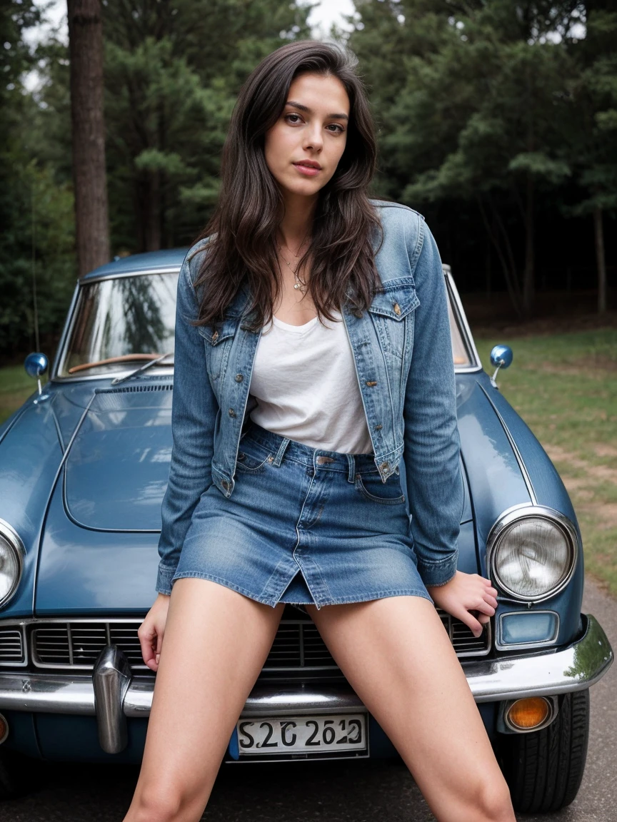 Sexy tall dark hair brunette, slightly wavy hair, 175cm tall, perfect body, in a denim jacket and skirt that show off her legs, sitting in a vintage car, with a playful and seductive pose, raw photo, realistic UHD, 8k, realistic skin shadows, realistic skin texture, playboy photoshoot