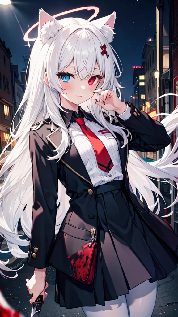 White pantyhose，White hair，crazy，Long hair，Cat ear，Heterochromia（Left blue right red），Female face，There are bright spots in the eyes，flat chest，red halo，night，uninhabited alley，Short skirt，With a knife，Blood stains on the face，Loss of light in the eyes，Shadow on the face，Fake laugh